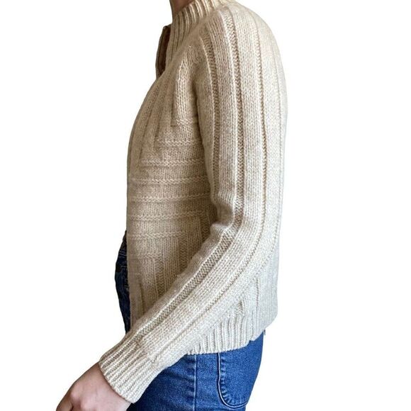 Vintage 80s Womens 100% Wool Chunky Knit Cream White Full Zip Preppy Cardigan M - Picture 3 of 10